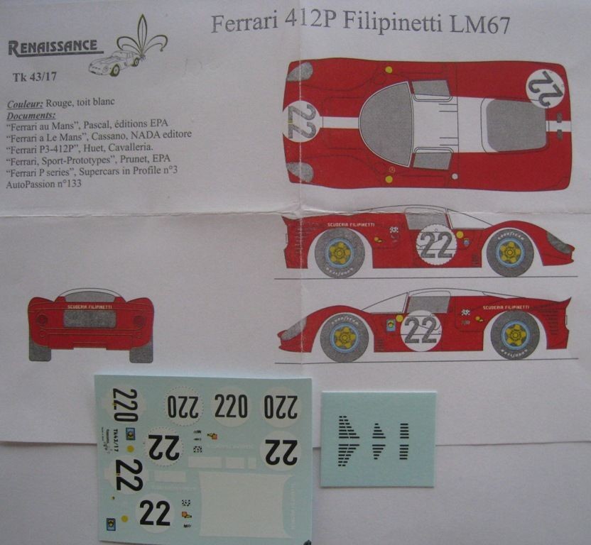FERRARI 412 P n° 22 LE MANS 1967 DECAL 1/43e RENAISSANCE