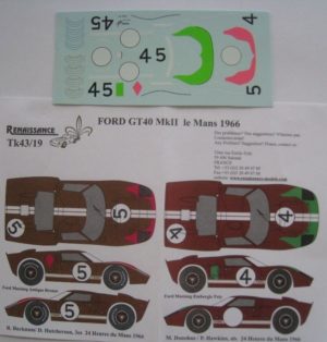 FORD GT 40 MKII n° 4 / 5 LE MANS 1966 DECAL 1/43e RENAISSANCE