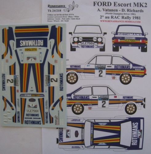 Planche De Décalcomanies 1/18 Ford Escort RS1800 MKII Rothmans – Vatanen/Brasil 1981
