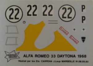 ALFA ROMEO 33/2 n° 22 DAYTONA 1968 DECAL 1/43e PROV.MOULAGE