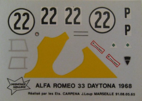 ALFA ROMEO 33/2 n° 22 DAYTONA 1968 DECAL 1/43e PROV.MOULAGE