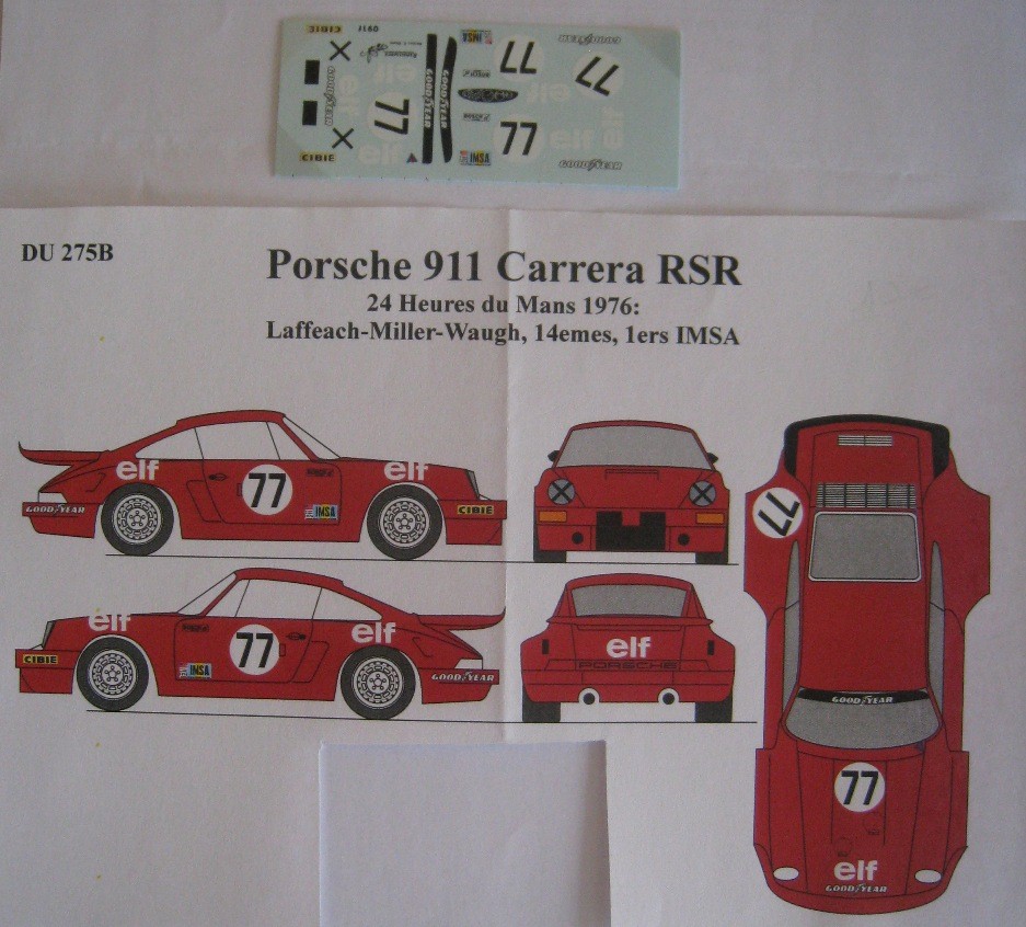 Décalcomanie Porsche 911 Carrera RSR Le Mans 1977 - Plusieurs échelles (1:18, 1:24...)