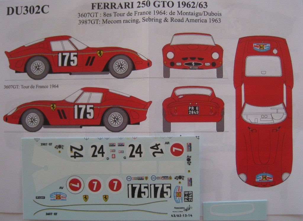 DECALS 1/18 FERRARI 250 GTO TOUR DE FRANCE 1964 et 1965 CARPENA 1808 UV 