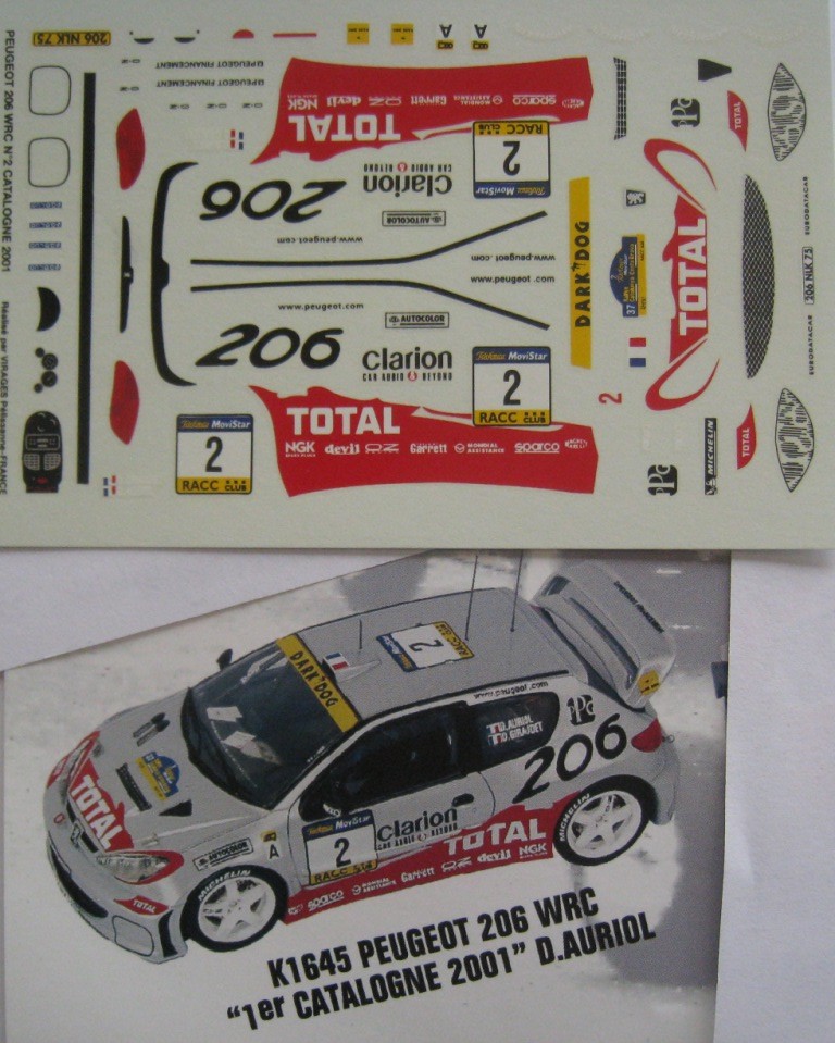 PEUGEOT 206 WRC n° 2 TOTAL RALLYE CATALUNYA 2001 DECAL 1/43e PROV.MOULAGE