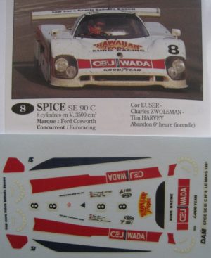 SPICE SE 90C FORD n° 8 EURO RACING LE MANS 1991 DECAL 1/43e