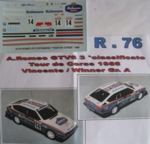 ALFA ROMEO GTV 6 n° 14 TOUR DE CORSE 1986 DECAL 1/43e