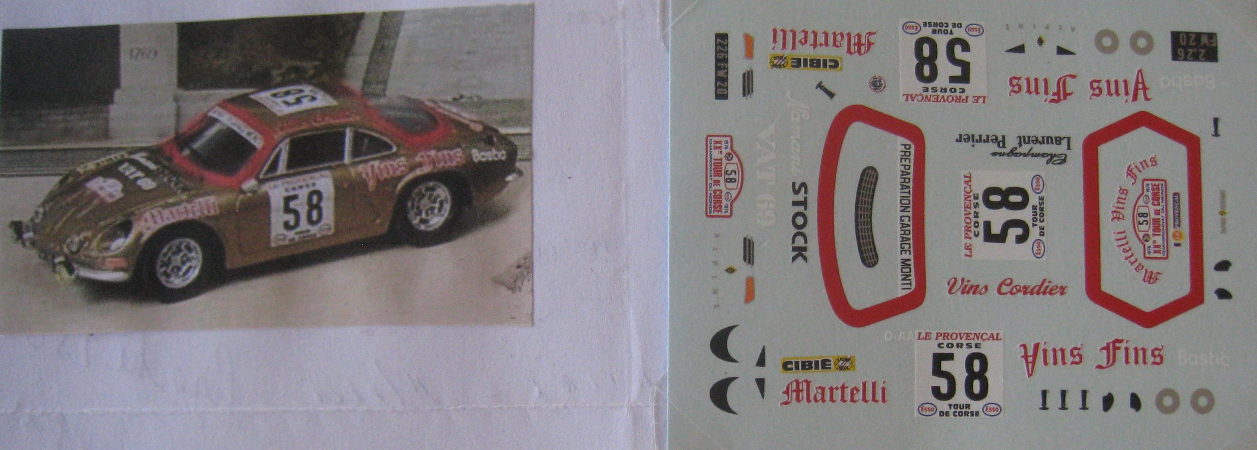 Planche Décalcomanie Rallye Miniature 1/16 Alpine Renault A110 Tour De Corse 1976